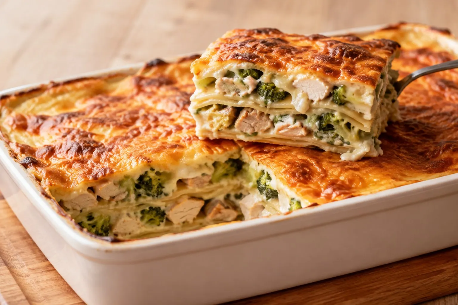 Ovnfast fad med kyllingelasagne med broccoli og gylden ostetop