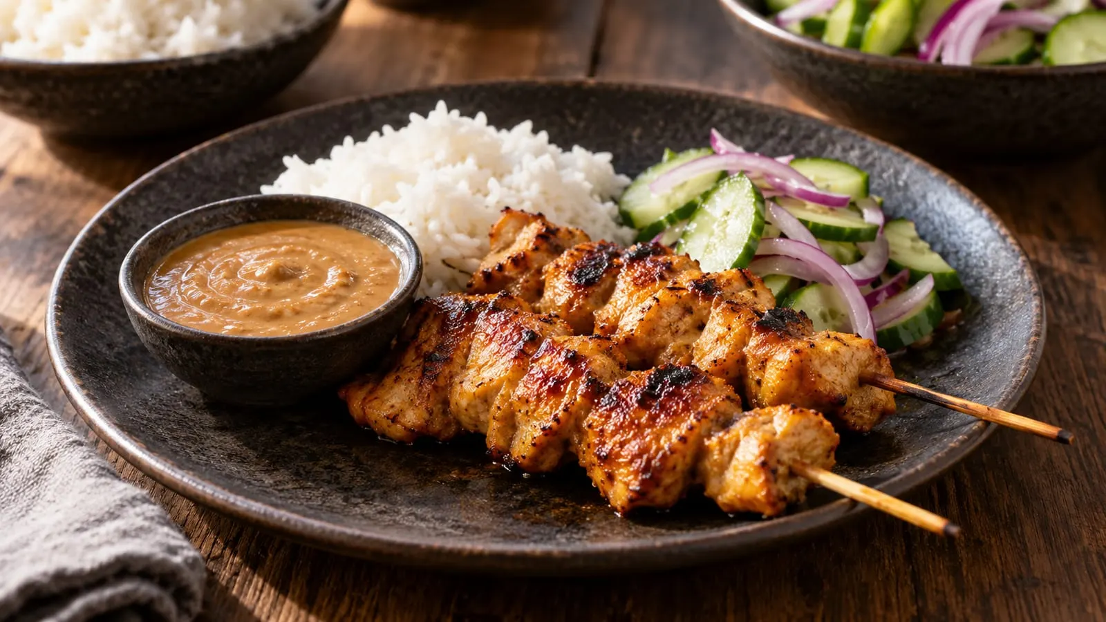 Grillede kyllingespyd med ris, dip og agurkesalat