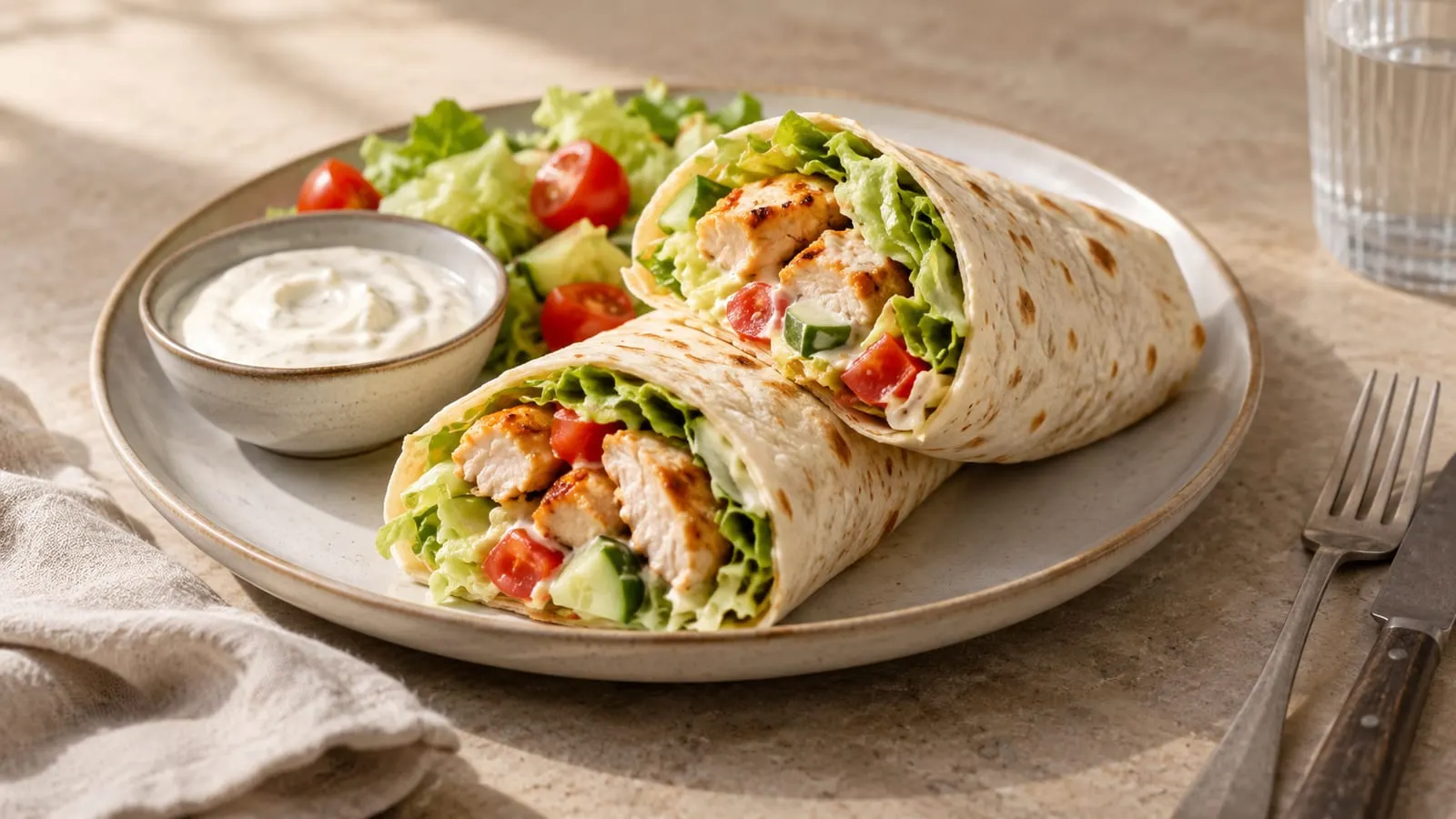 Halveret wrap med kylling, salat og tomat, serveret med dressing