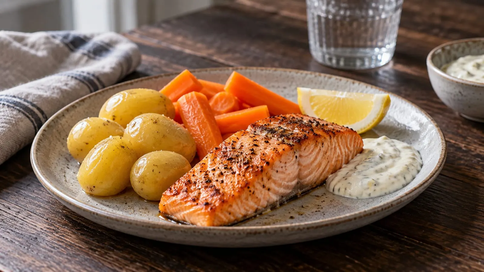 Laksefilet med sprød overflade, kogte kartofler, gulerødder og citron