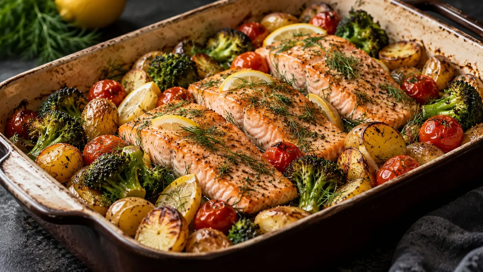 Fad med ovnbagt laks, kartofler, broccoli og cherrytomater med dild