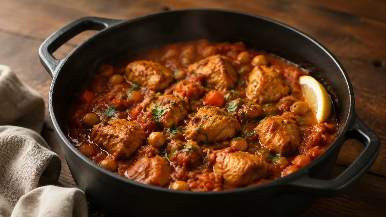 Marokkansk kyllingegryde med kikærter og gulerødder i tomatsauce, drysset med frisk koriander