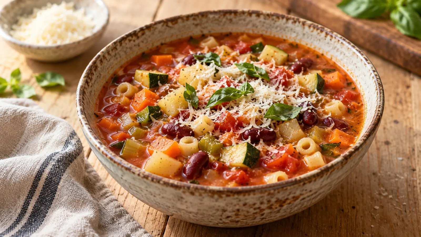 Skål med minestrone med grøntsager, bønner og pasta, toppet med parmesan