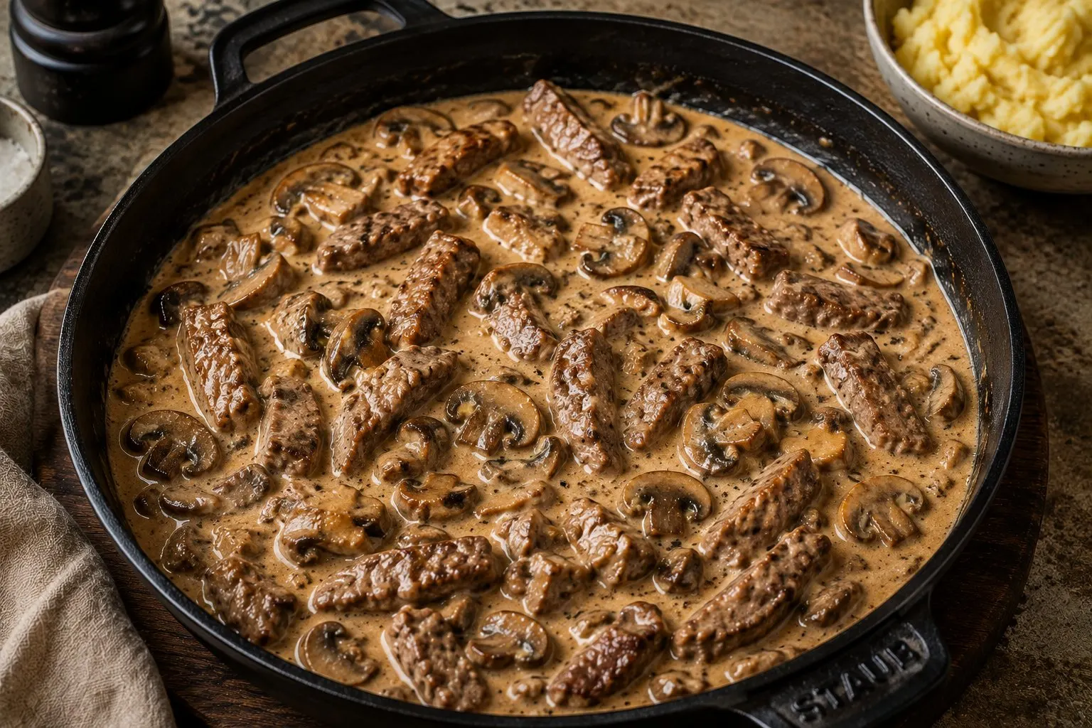 Gryde med mørbradmedaljoner, champignon og bacon i cremet flødesovs drysset med persille