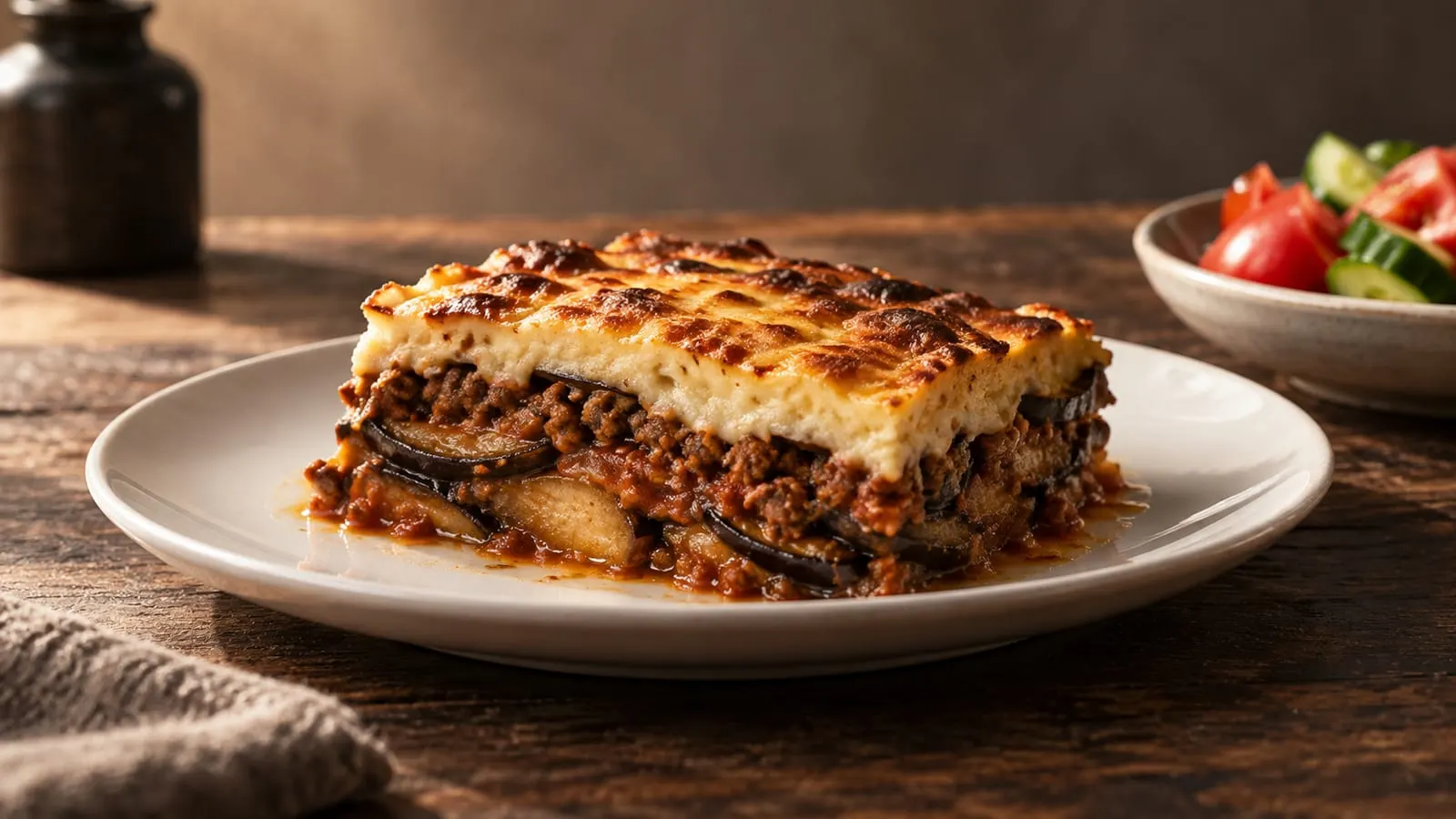 Stykke moussaka med lag af aubergine, kødsauce og gylden bechamel