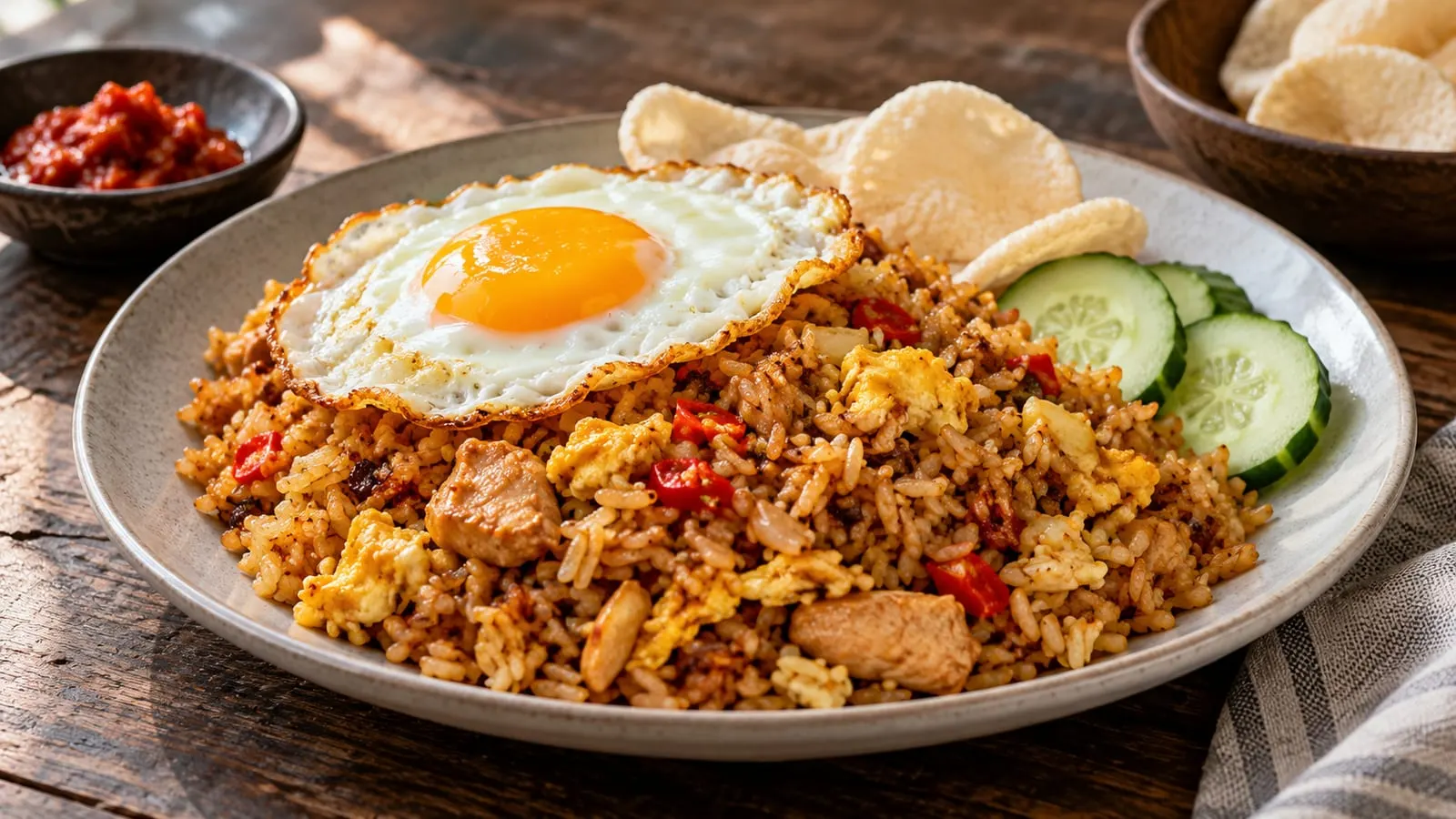Tallerken med nasi goreng toppet med spejlæg, agurk og rejechips