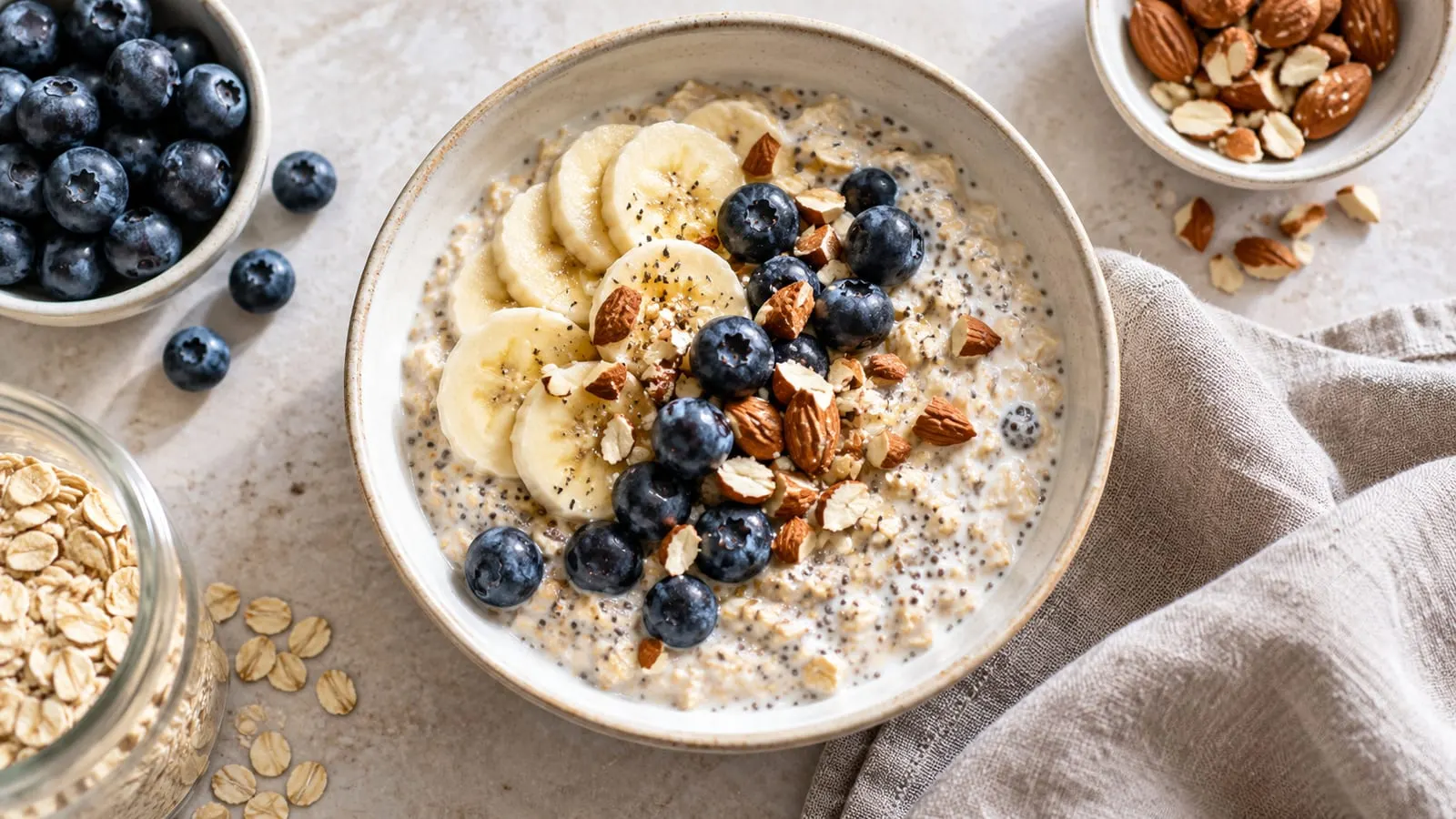 Skål med overnight oats, banan, blåbær og hakkede nødder