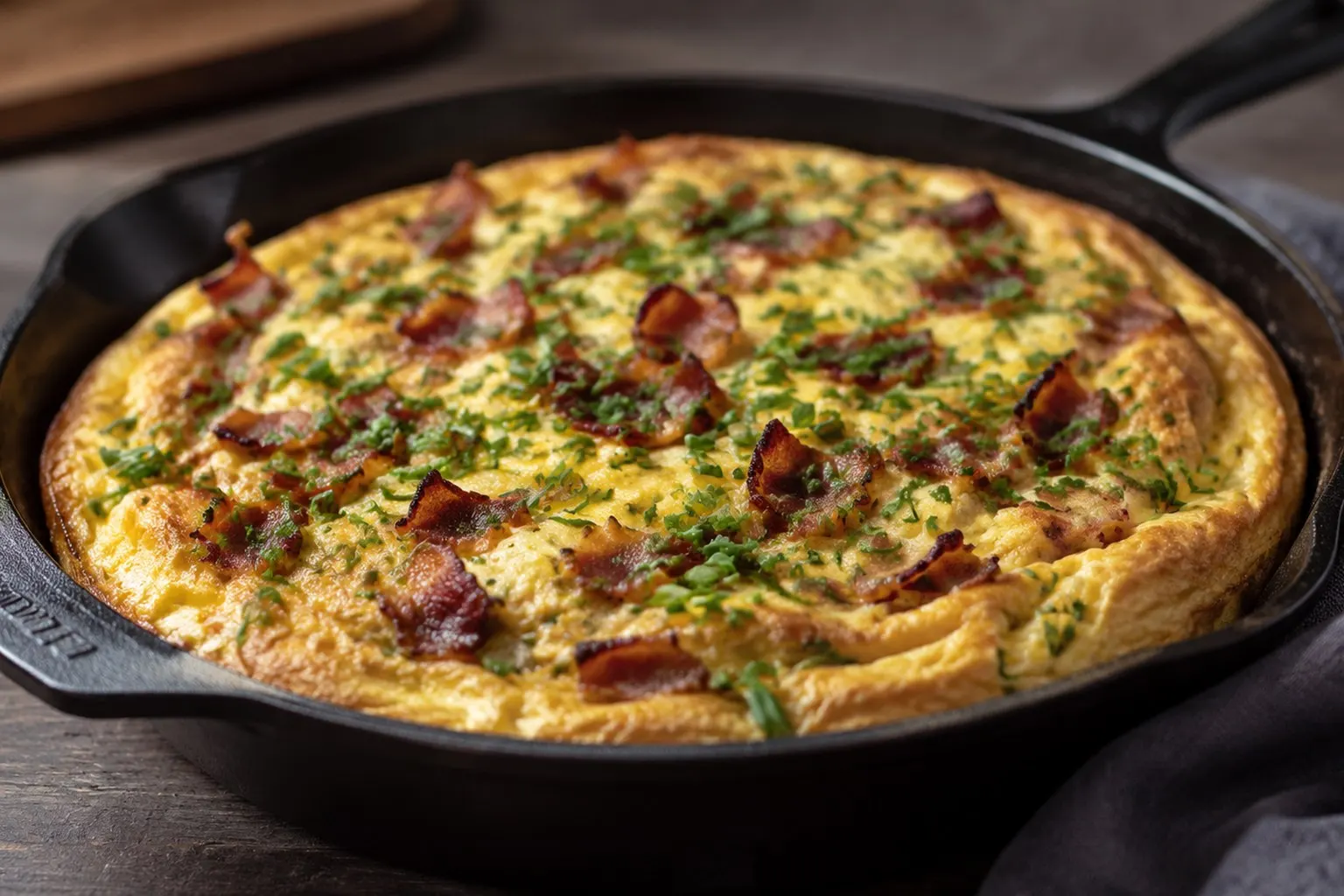 Gyldent, luftigt bagt æggekage i fad, toppet med sprøde baconskiver, tomatbåde og friskklippet purløg