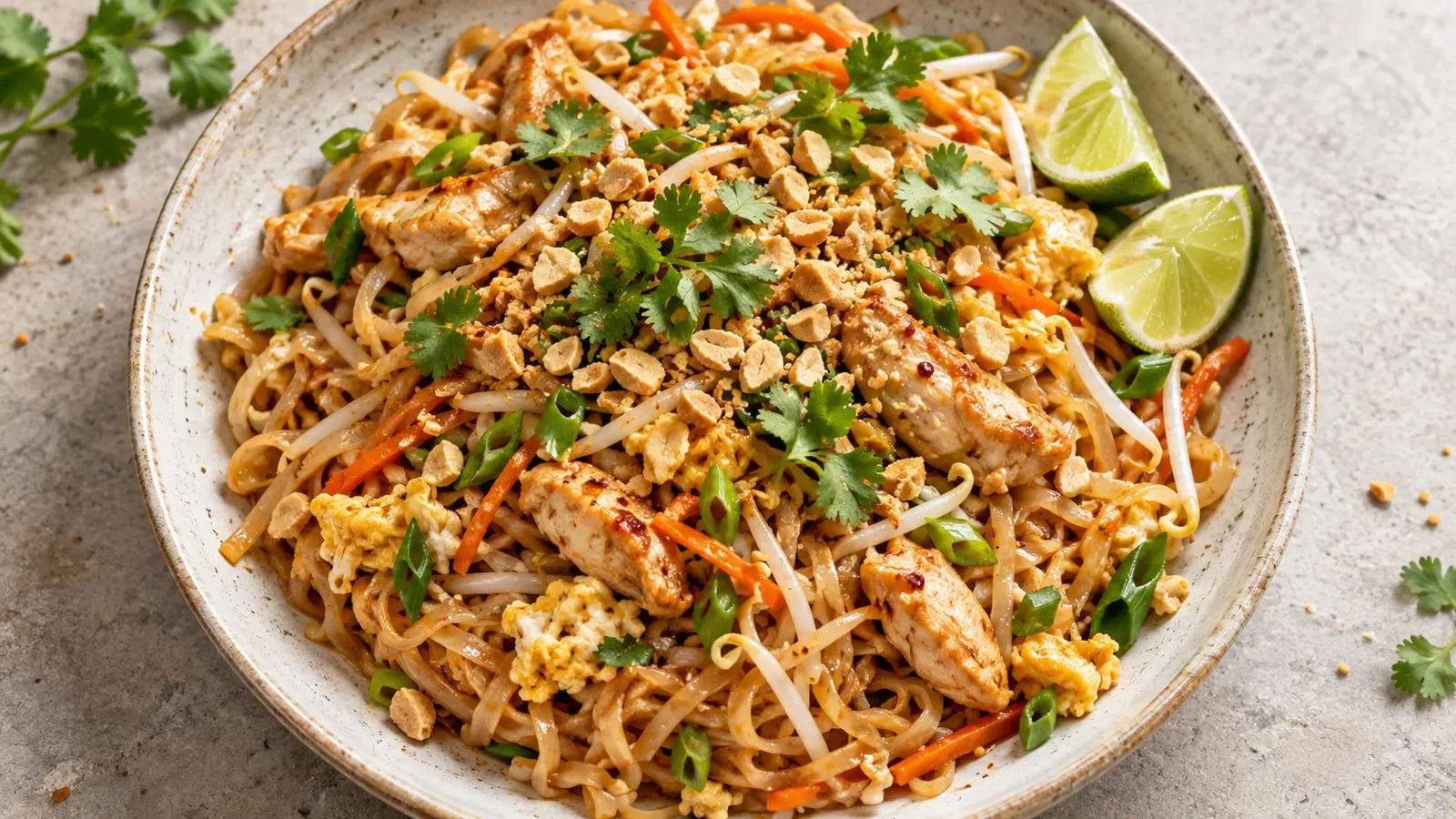 Tallerken med pad thai med kylling, jordnødder, koriander og lime