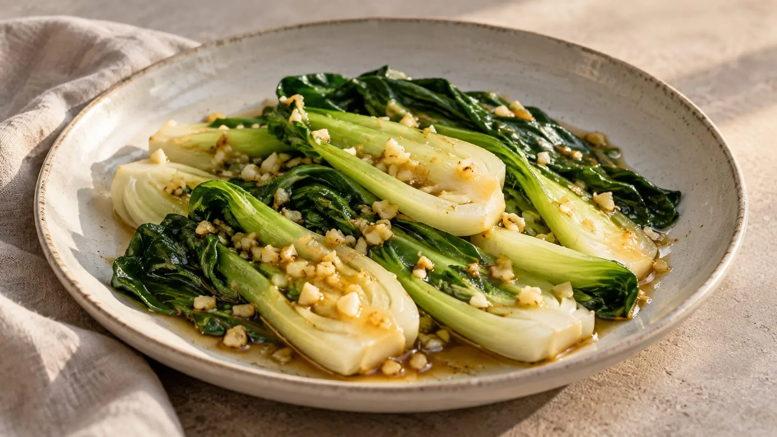 Stegt pak choi med hvidløg på et fad