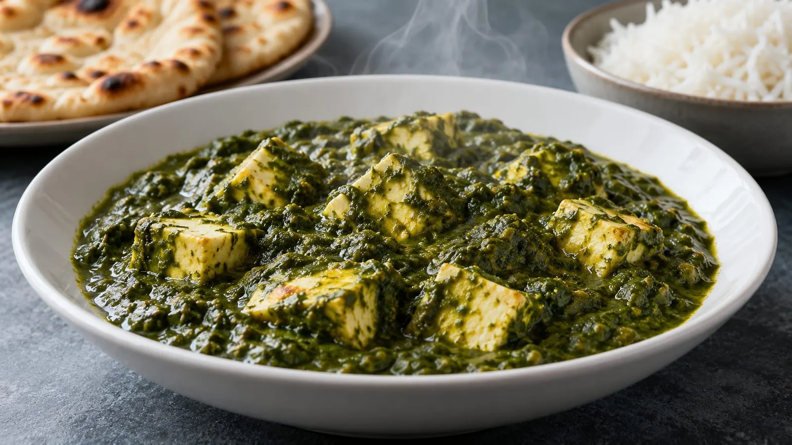Skål med grøn palak paneer med ostetern, naanbrød og ris
