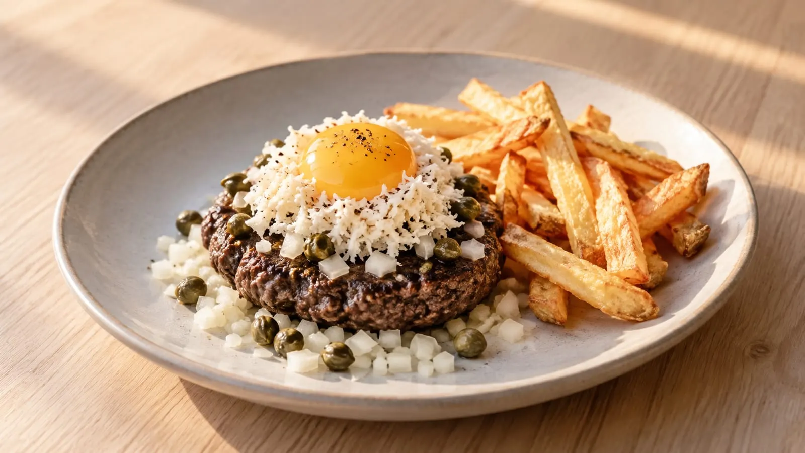 Pariserbøf med rå æggeblomme, kapers, løg og peberrod, serveret med pommes frites