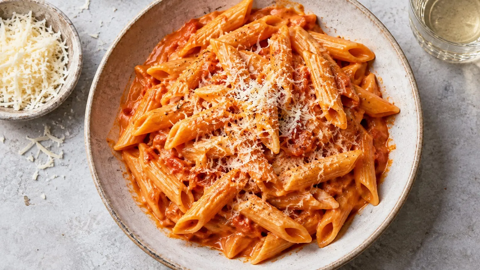 Tallerken med penne i cremet orange tomatsauce og parmesan