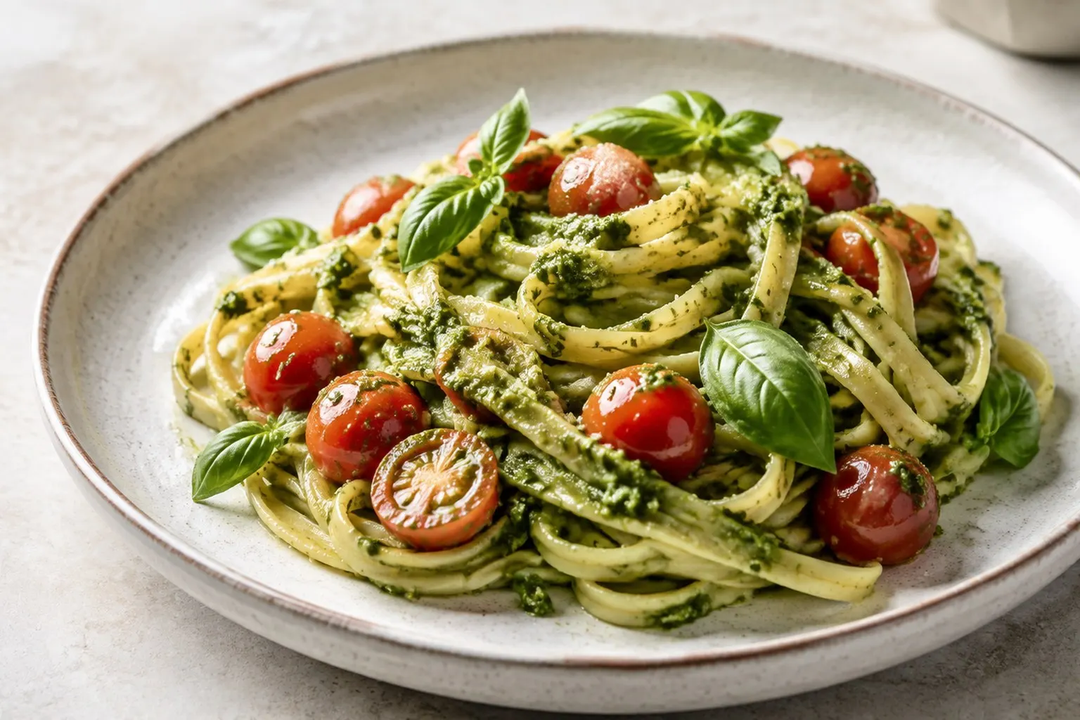 Pasta med grøn basilikumpesto, cherrytomater og parmesan