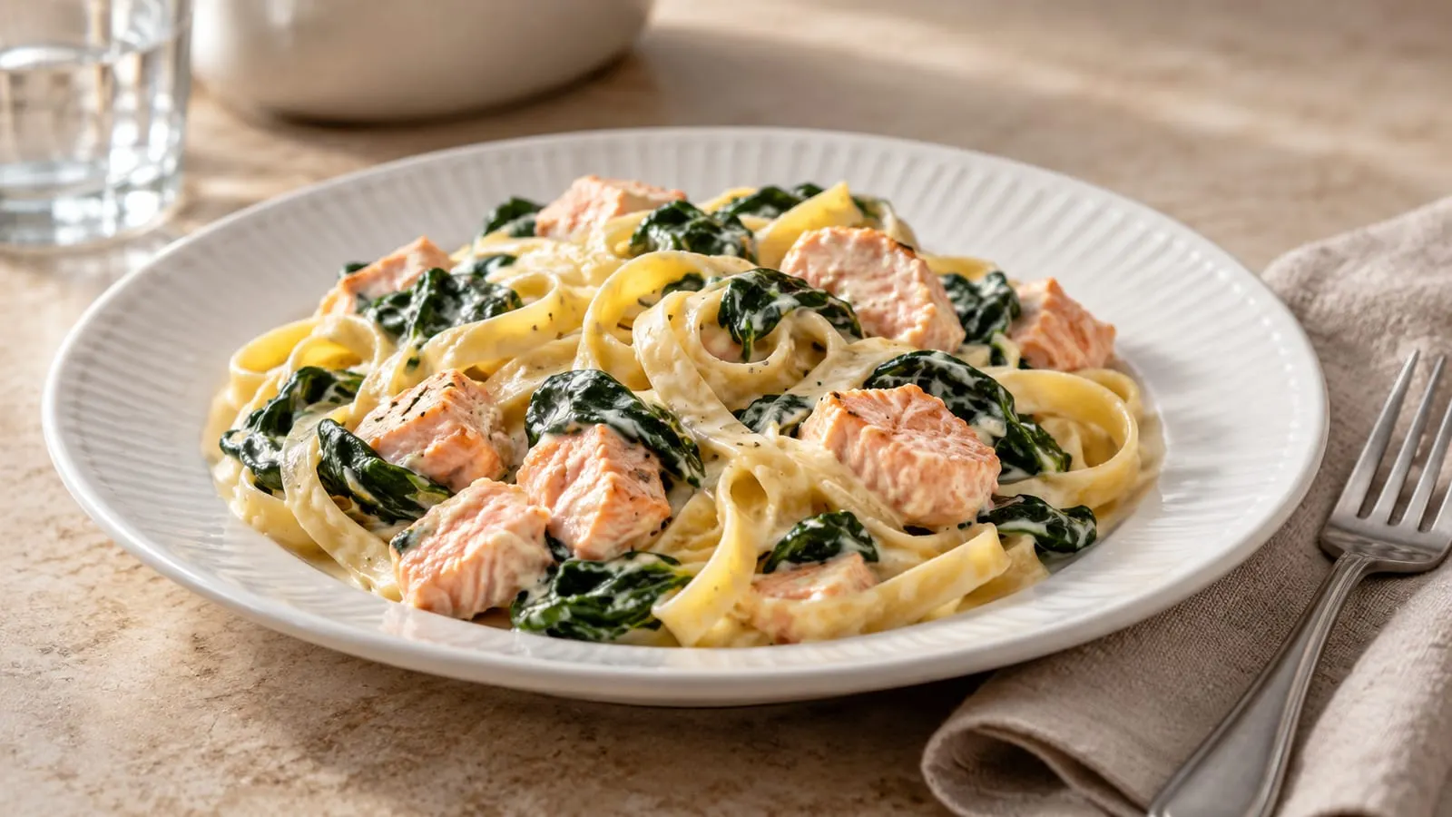 Tallerken med pasta, laksestykker og spinat i cremet sauce