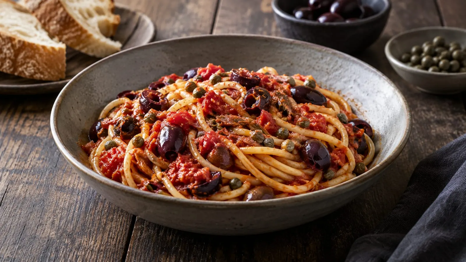 Skål med spaghetti puttanesca med oliven og kapers