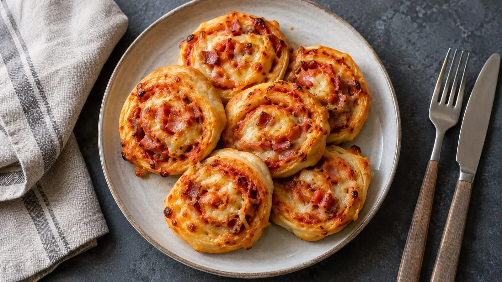 Gyldne pizzasnegle med tomat og ost på en tallerken