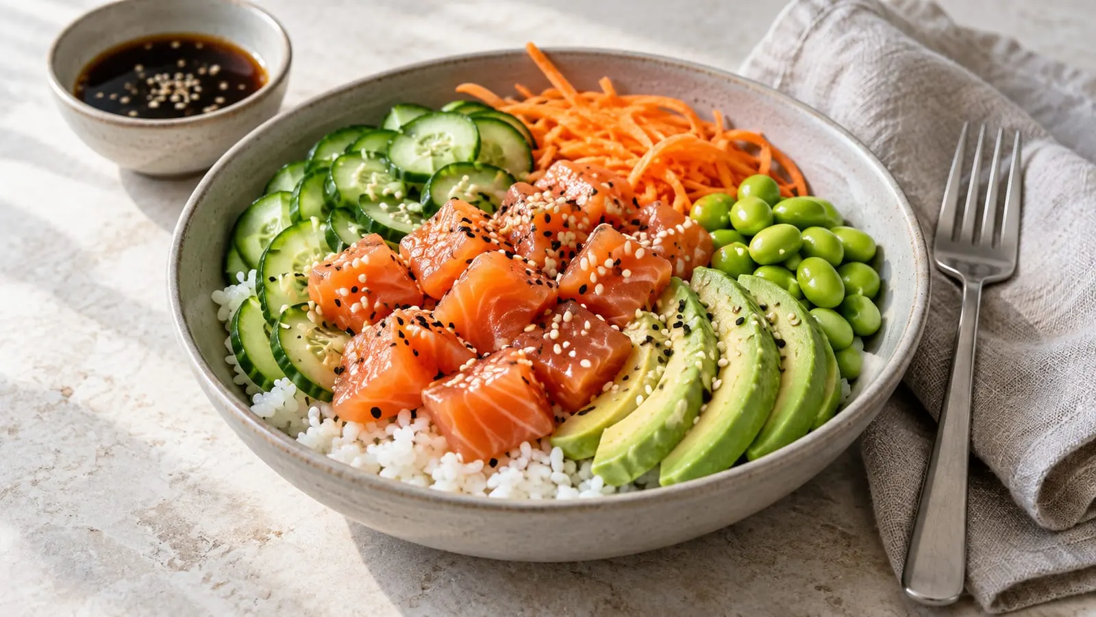 Skål med laksetern, ris, avocado, edamame, agurk og gulerod