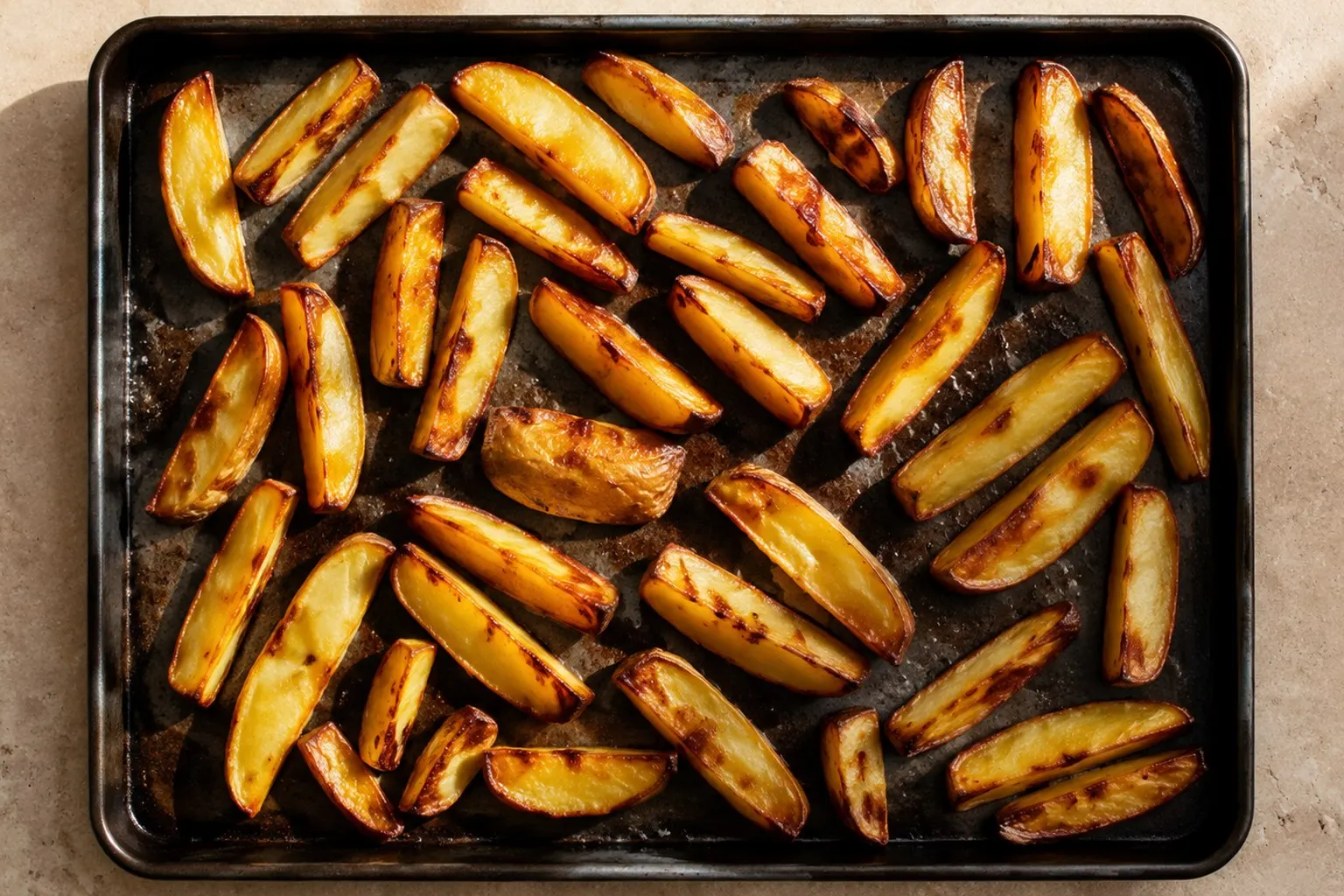 Gyldne, sprøde ovnbagte pommes frites drysset med flagesalt på bagepapir