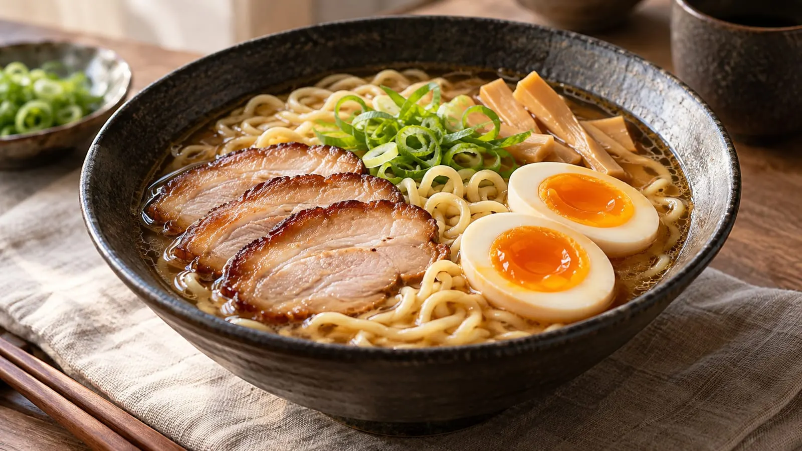Skål med ramen, skiver af svinekød, blødkogt æg og forårsløg