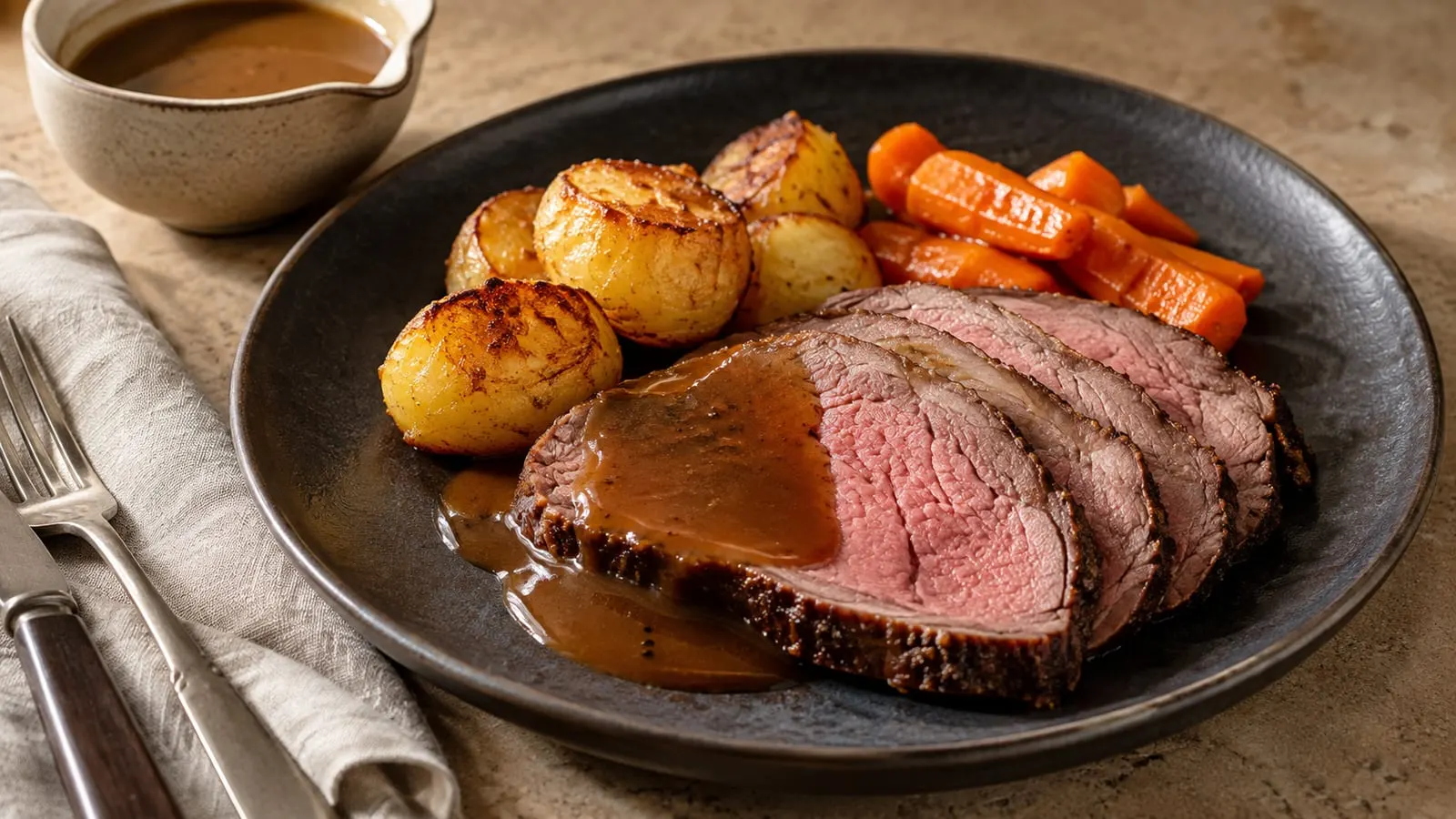 Skåret roastbeef med rosa kød, sovs, stegte kartofler og gulerødder
