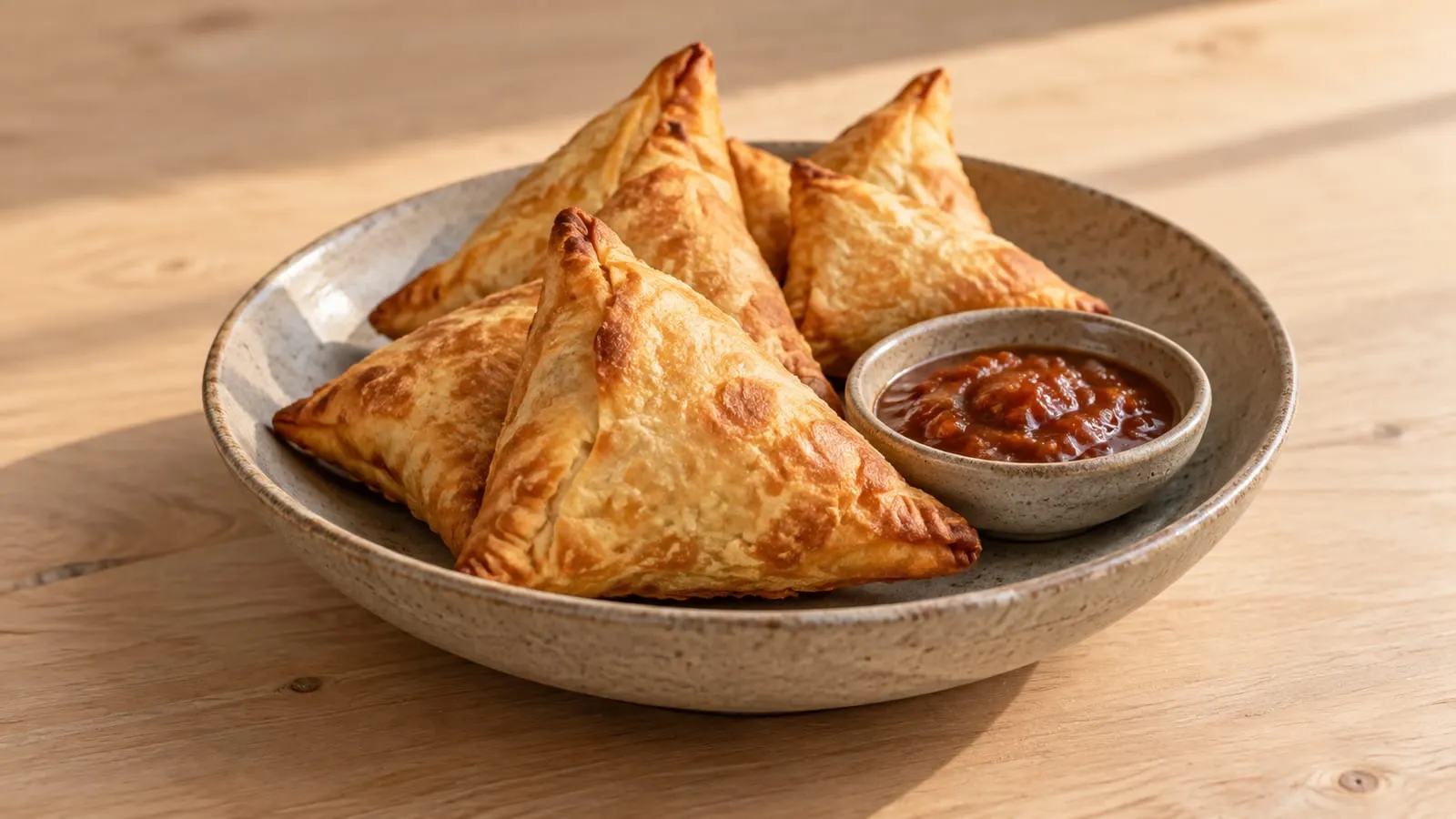 Gyldne trekantede samosas med chutney i en skål
