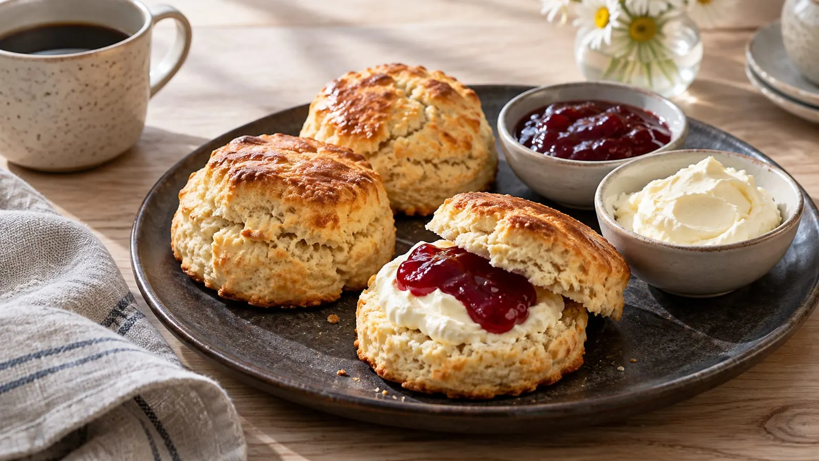 Gyldne scones med syltetøj og creme på en tallerken