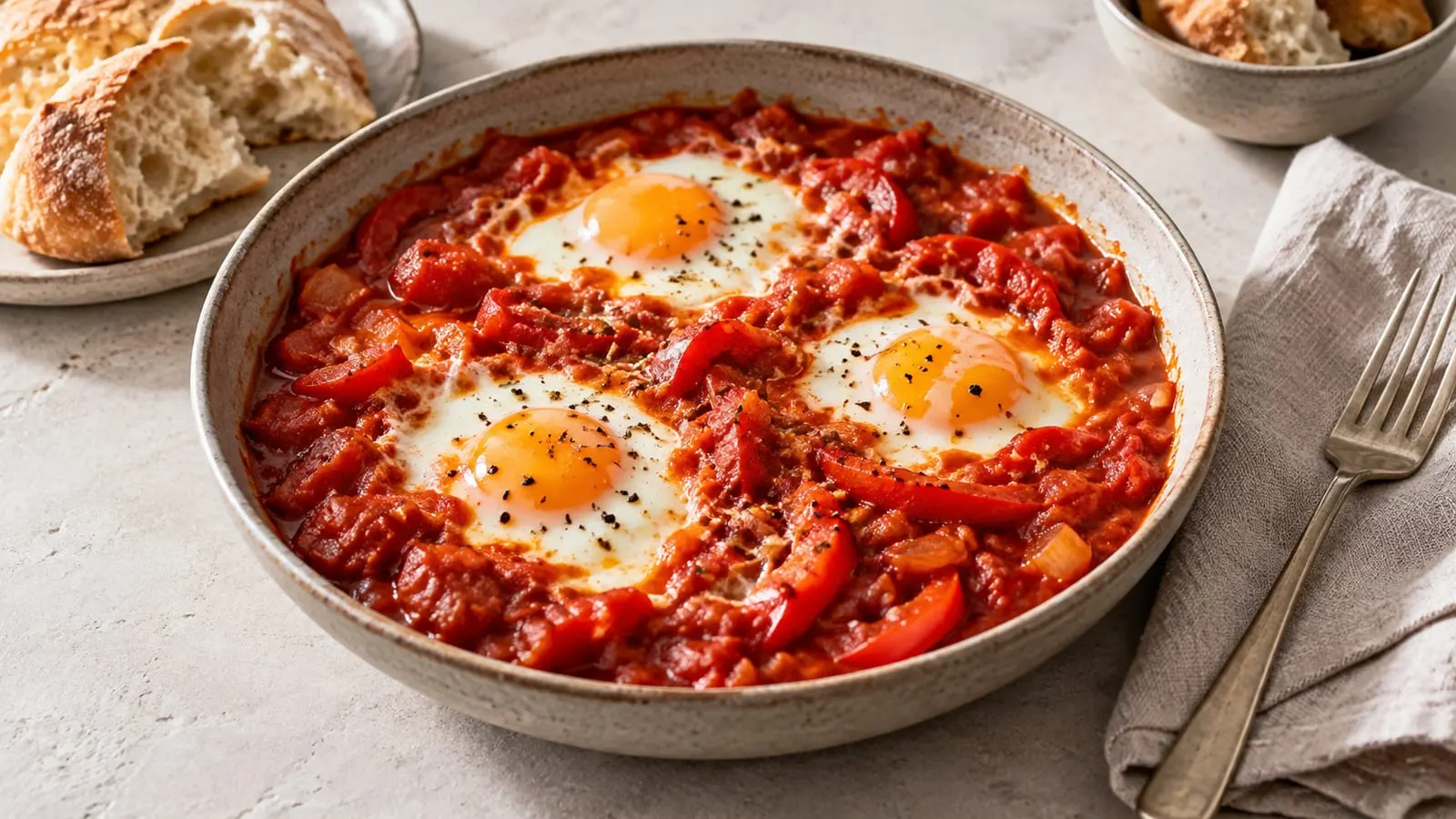 Pande med shakshuka med æg i tomatsauce og brød ved siden af