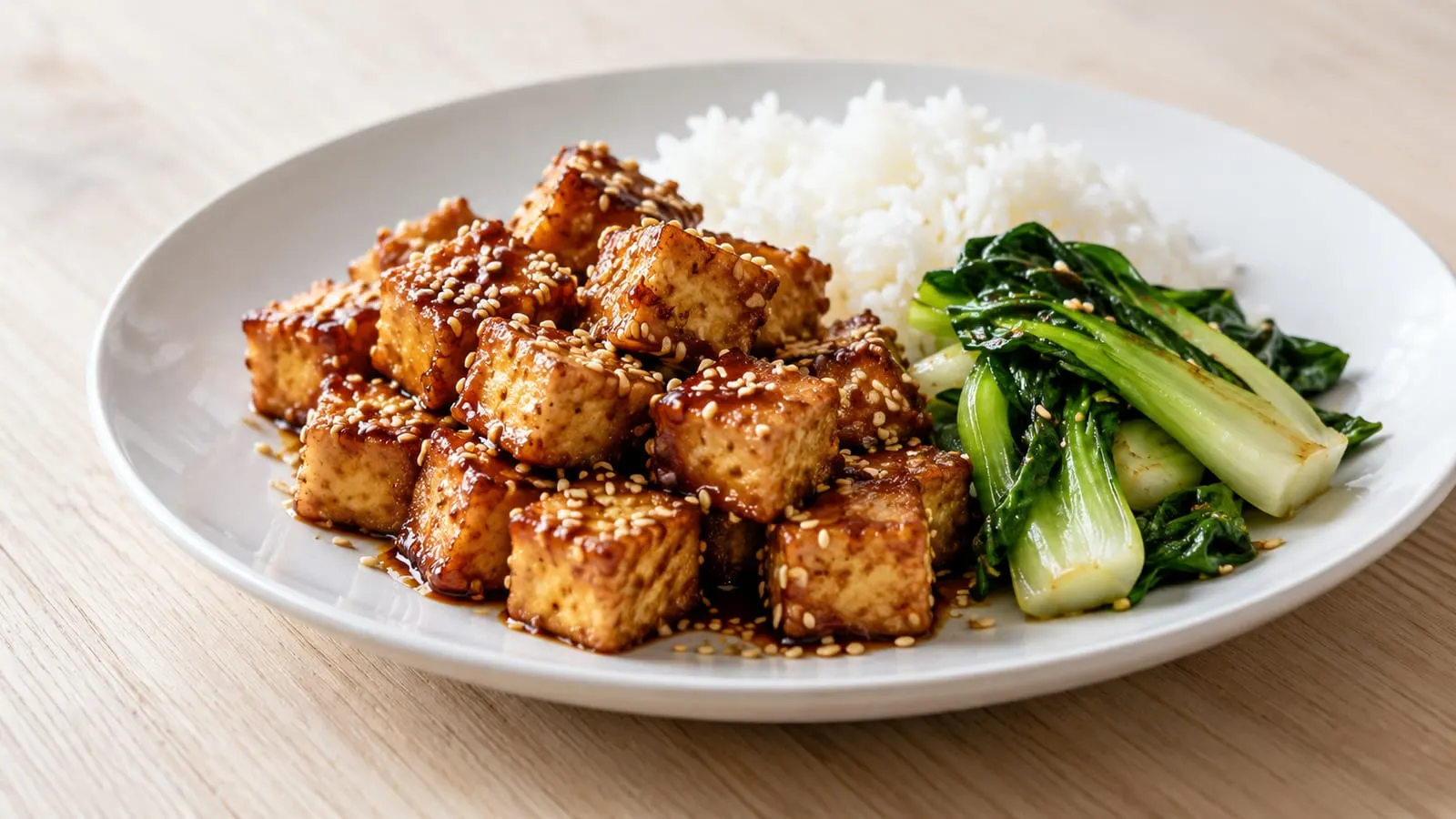 Tallerken med sprød tofu med sesam, ris og pak choi