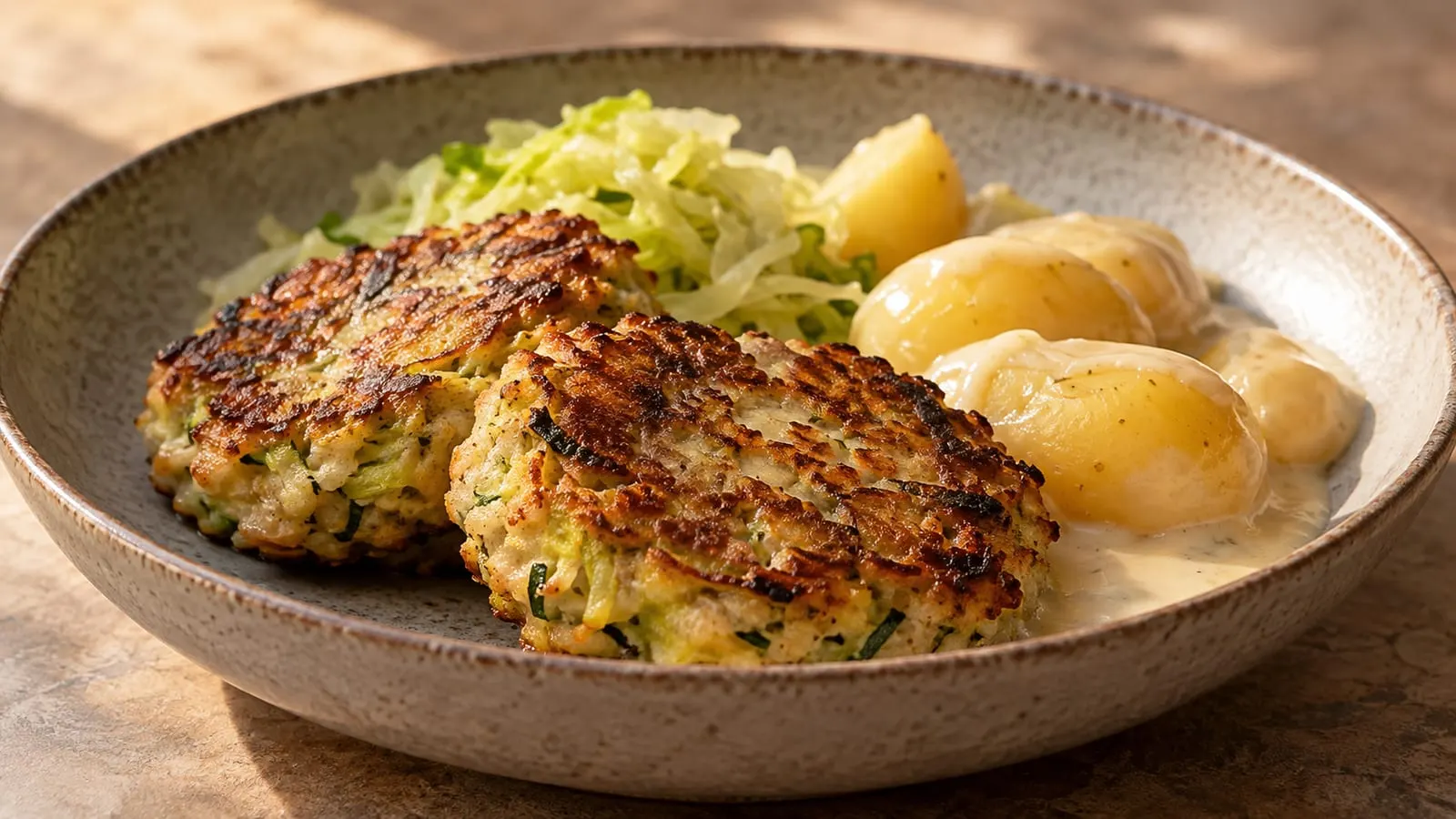 Gyldne squashfrikadeller med kogte kartofler og kålsalat