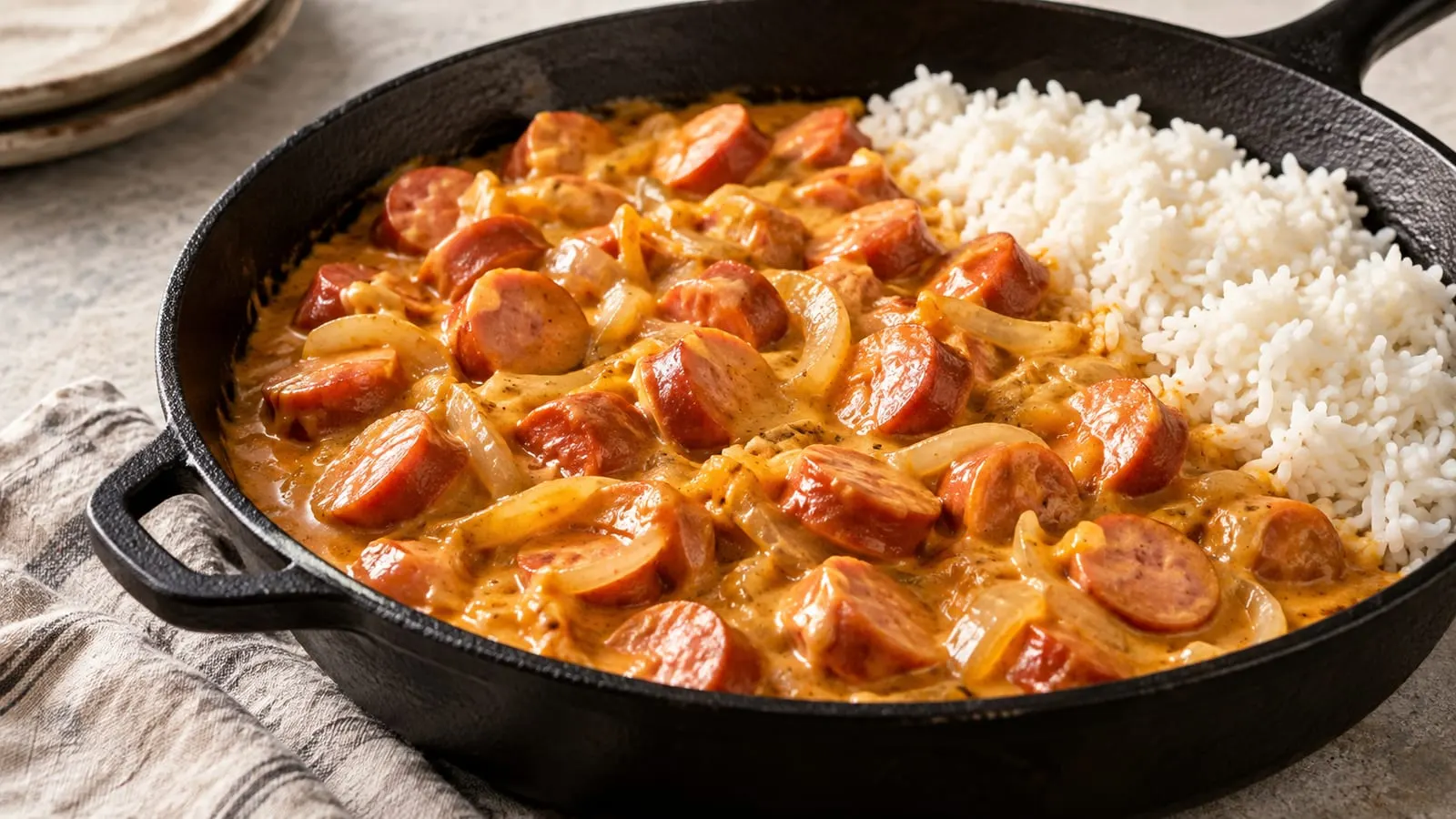 Pande med pølser i cremet tomatsauce og ris