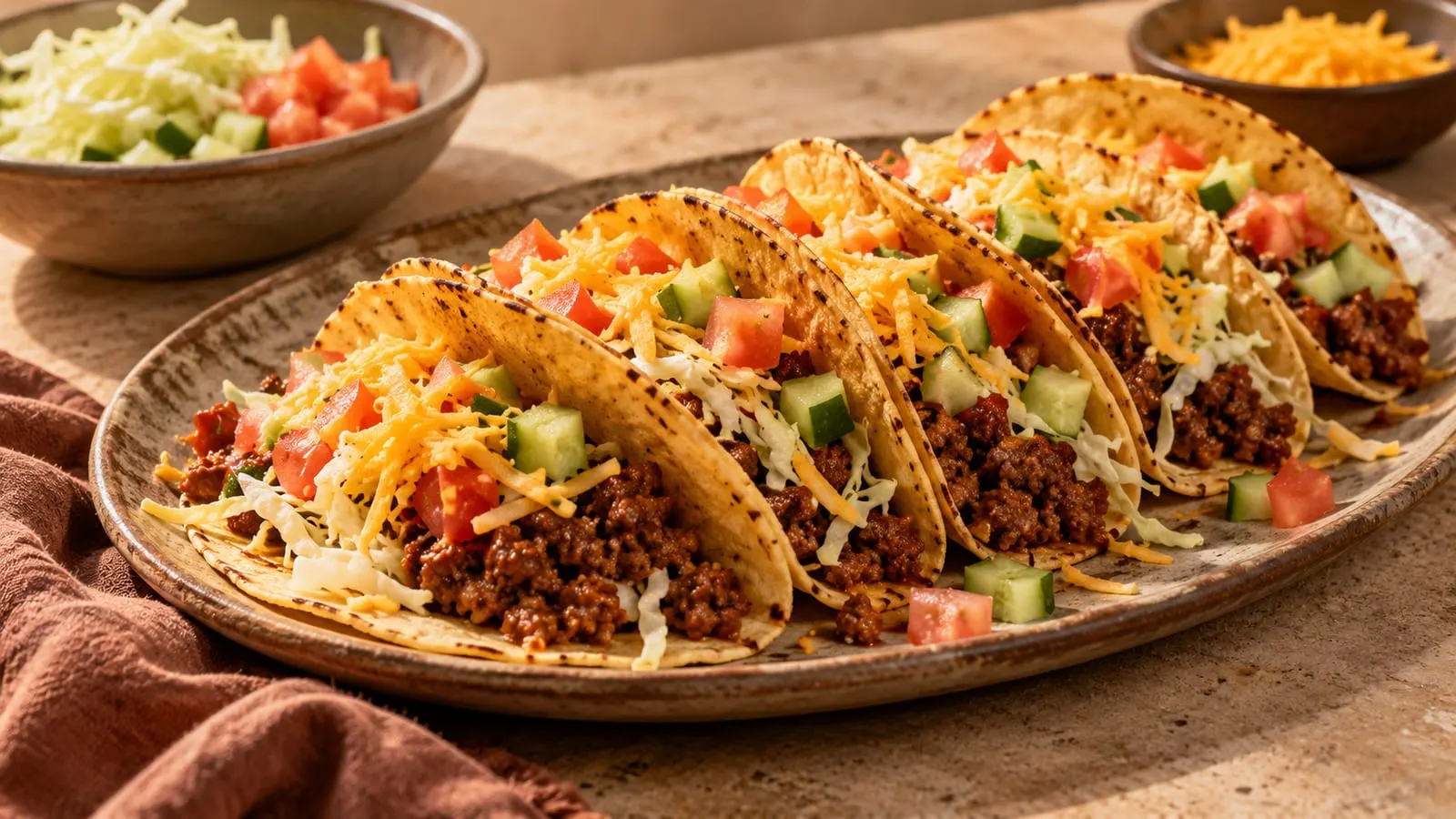 Sprøde tacoskaller med krydret oksekød, salat, tomat og ost