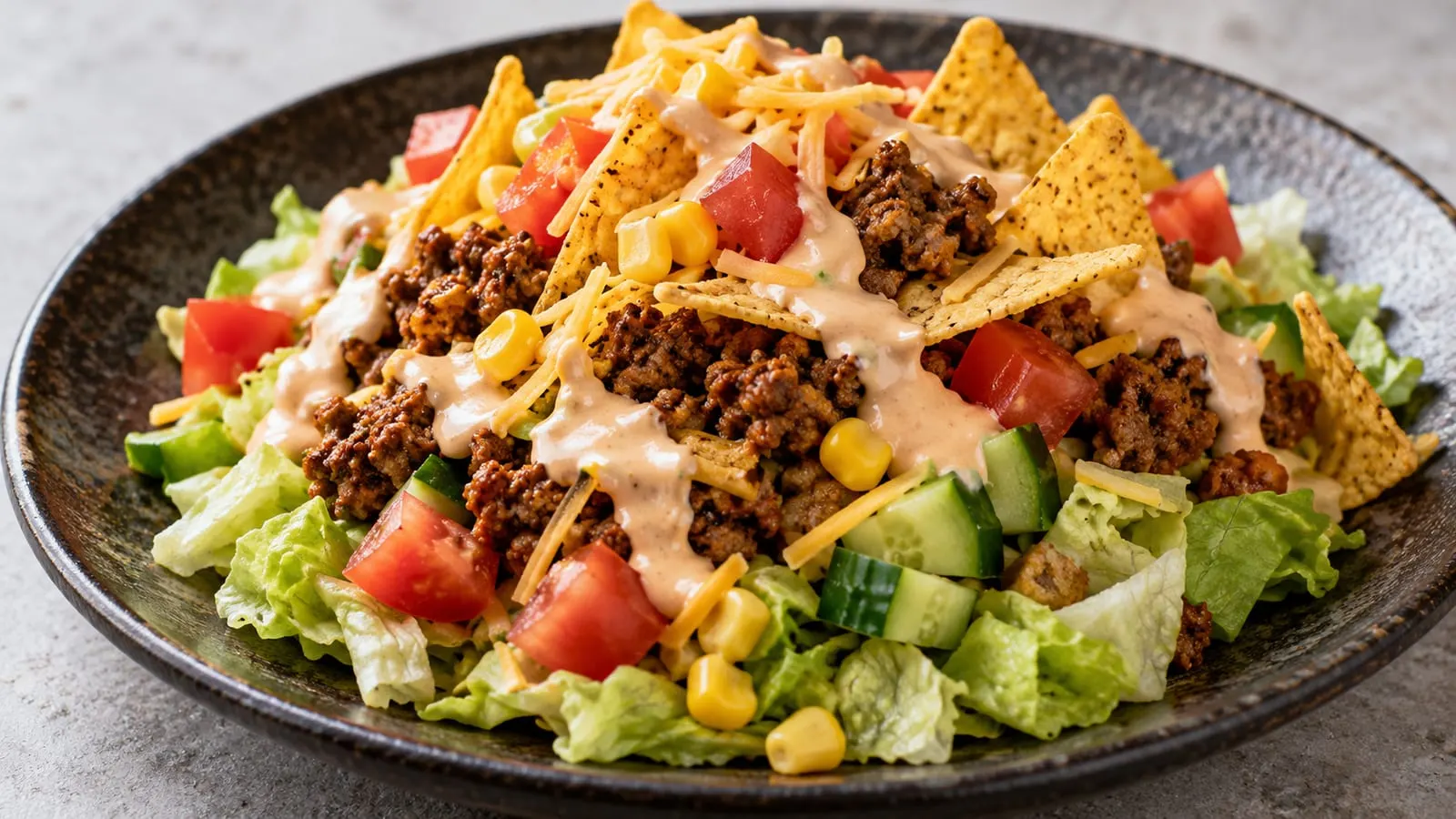 Tacosalat med hakket oksekød, salat, tomat, majs, tortillachips og dressing