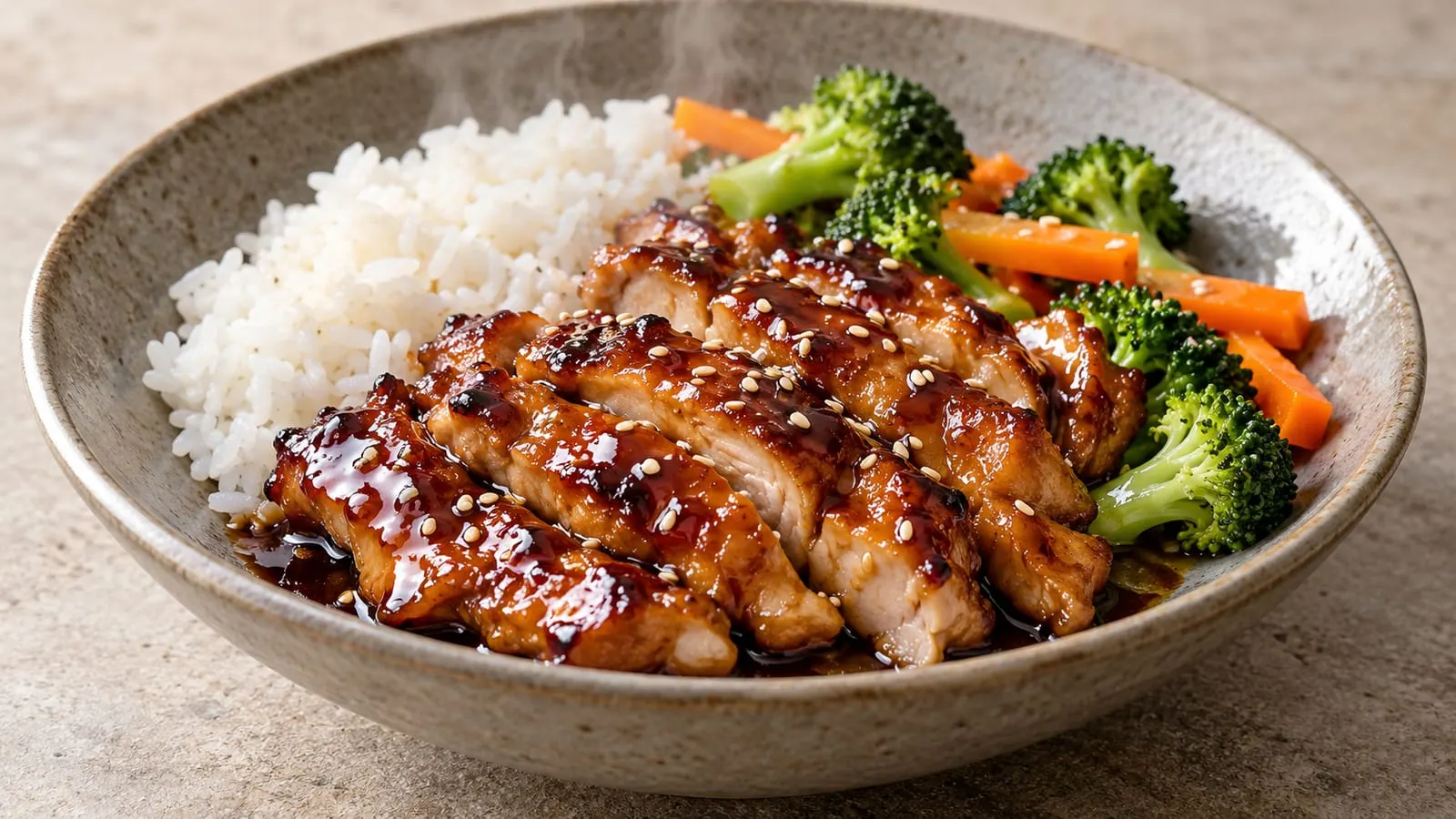Skål med teriyakikylling, ris og broccoli