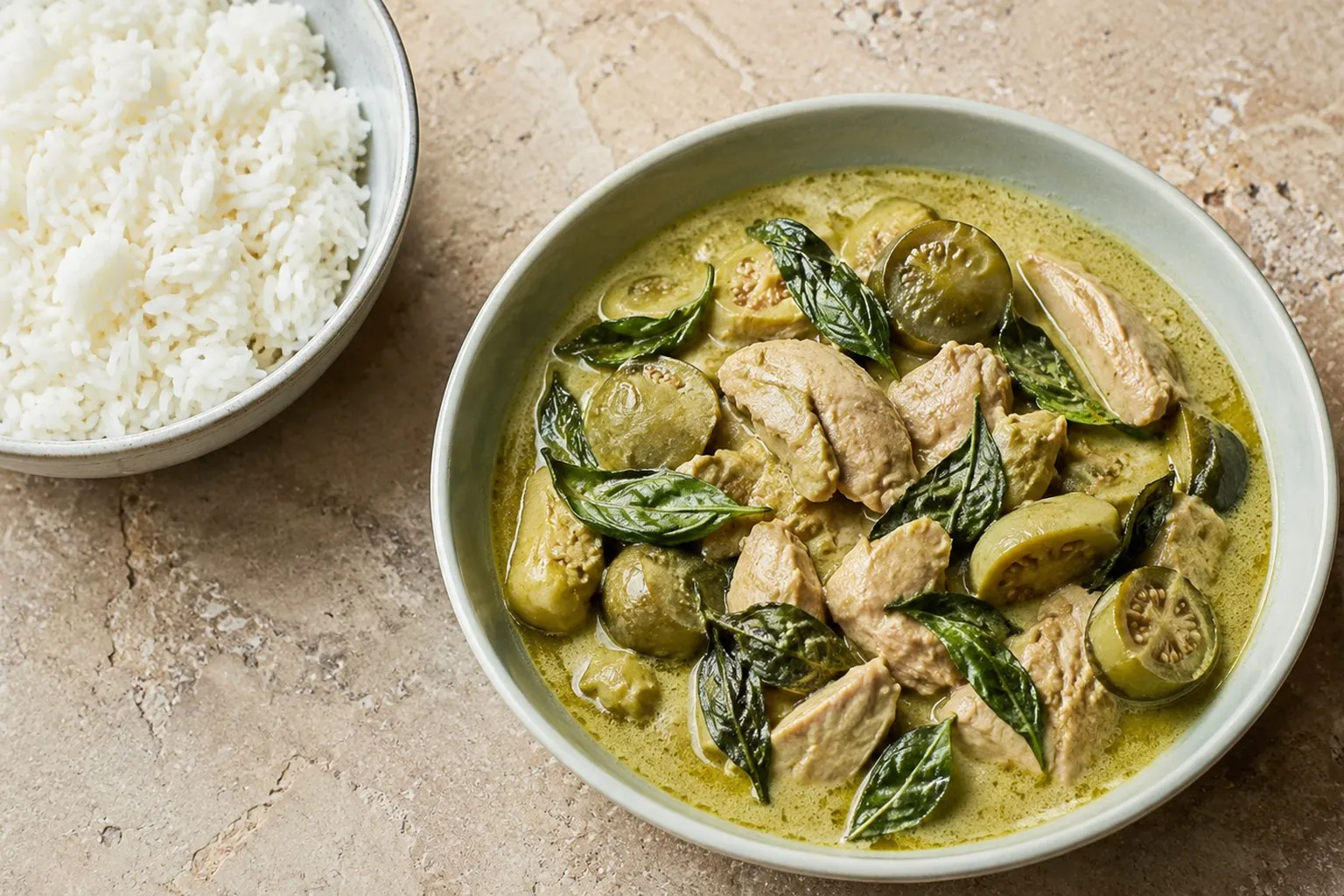 Thai grøn karry med kylling og grøntsager i cremet kokosmælk, serveret med jasminris og frisk basilikum