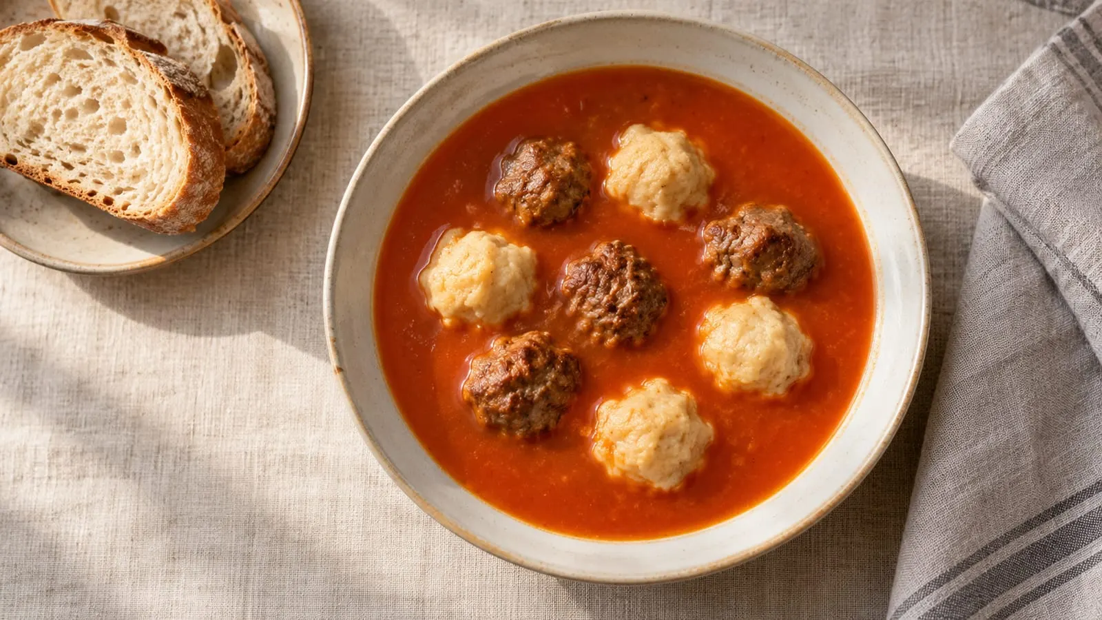 Skål med tomatsuppe med kødboller og melboller, brød ved siden af