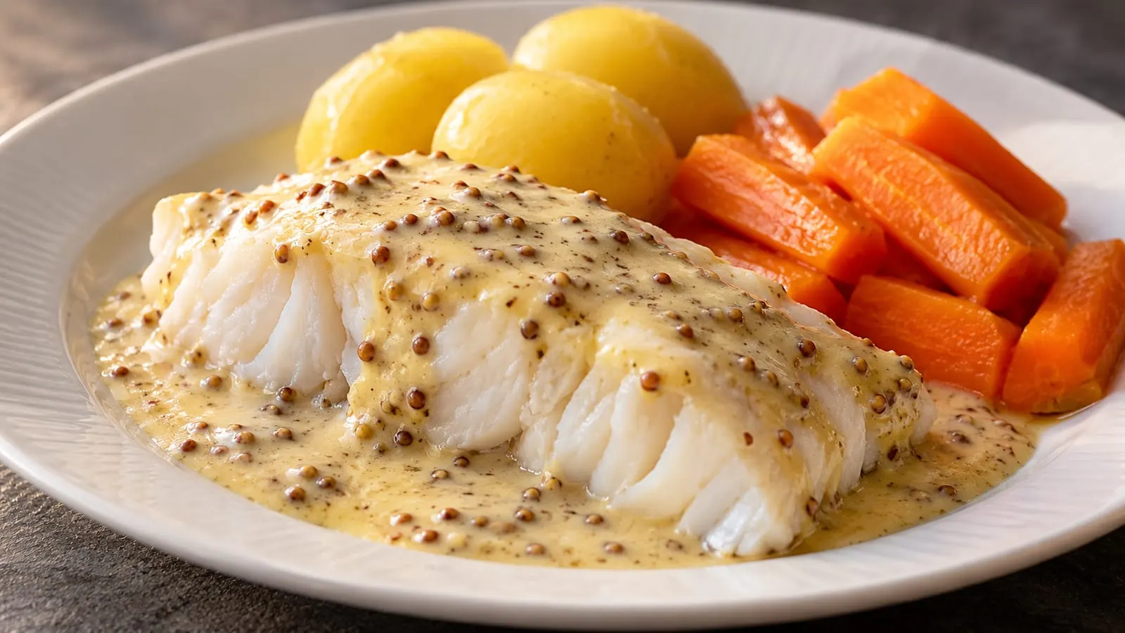 Torskefilet med sennepssauce, kogte kartofler og gulerødder