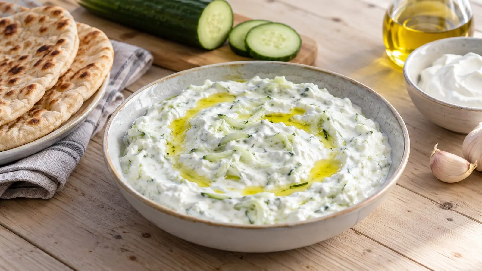 Skål med tzatziki med olivenolie, agurk og fladbrød