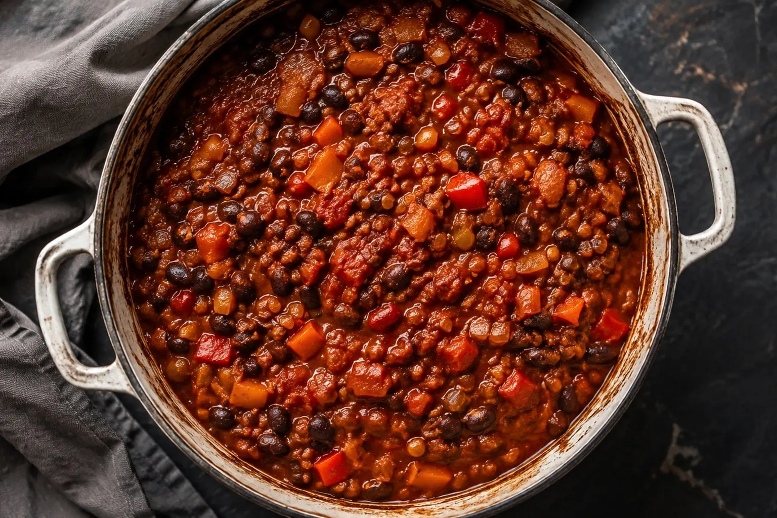 Gryde med vegansk chili med sorte bønner og linser