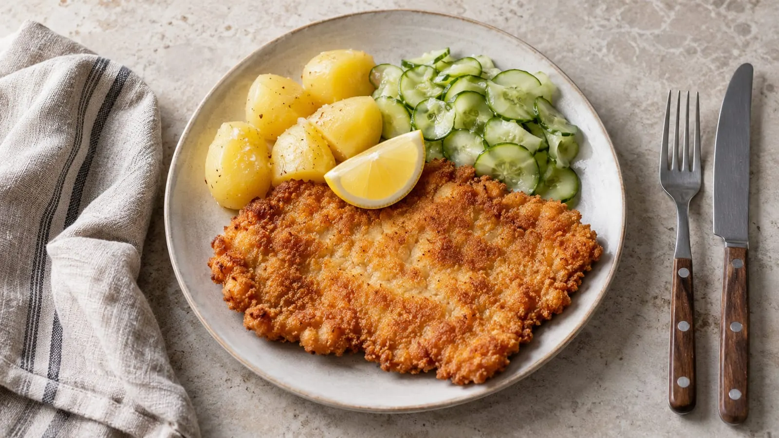 Gyldenbrun wienerschnitzel med citron, kogte kartofler og agurkesalat